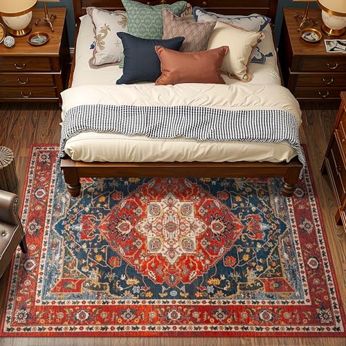 YJ.GWL Area Rugs for Living Room 4x6 Machine Washable Rugs for Bedroom, Non Slip Floral Vintage Rug Indoor Carpet, Stain Resistant Throw Rug for Dining Room Kitchen, Orange-Red - color: Orange-red, size: 4' x 6' (Rectangular)