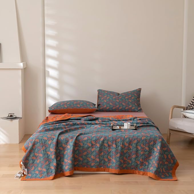 100% Cotton Muslin Blanket Jacquard Floral Ginkgo Leaves Quilt, Soft Bed Cover 3 Layers Reversible Bedspread Coverlet Breathable Lightweight Bedding Full/Queen(78"x94"), No Pillow Sham