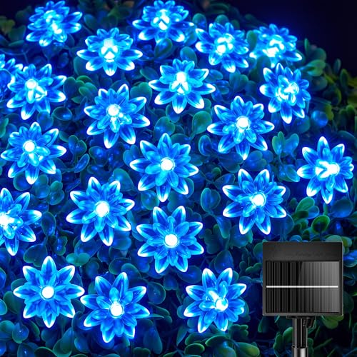 Brightown 50 LED Blue Flower Solar String Lights for Outside, 23FT Solar Christmas Lights Outdoor with 8 Modes, Fairy Lights Decorative for Yard Garden Fence Porch Tree Party Wedding - color: Blue, size: 1 Pack