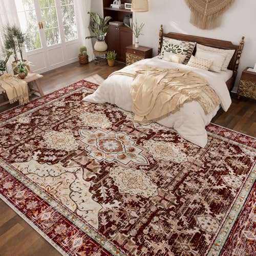 AMTOVO 8x10 Area Rugs for Living Room, Large Non-Slip Washable Rug, Boho Vintage Retro Medallion Print Pattern Carpet for Bedroom Dining Room Home Office Nursery Dorm Farmhouse, Vintage Red - color: Vintage Red, size: 8' x 10' (Rectangular)