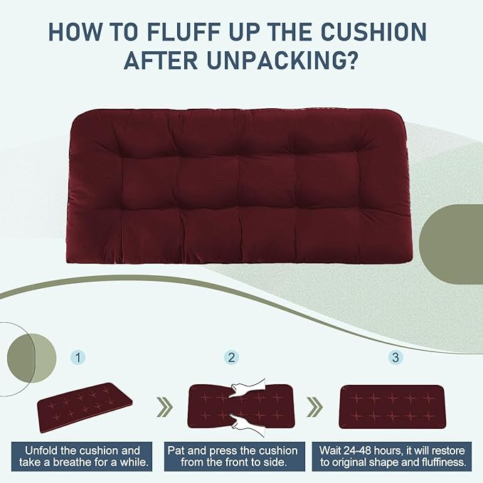 downluxe Outdoor Bench Cushion for Patio Furniture, Water Resistant Tufted Overstuffed Porch Swing Cushions, Thick Outdoor Loveseat Cushions, 48" X 18" X 5", Burgundy, Set of 1