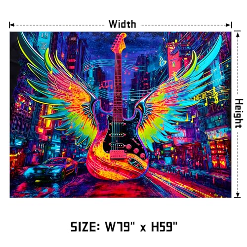 AOHMPT Blacklight Guitar Wings Tapestry Trippy Fluorescent Wall Hanging Psychedelic Rock Music Neon City Art Glow in the Dark Tapestries for Bedroom Decor, 79x59 In, Music Festival Gift - color: Guitar, size: 79"L x 59"W