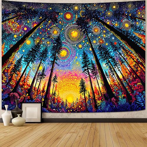 Spenlife Upward Forest Starry Sky Wall Tapestry, Trippy Night Tree Tapestries for Bedroom Decor, Scenic Tapestry 80x60 Inch - color: Gold Blue, size: 80"L x 60"W
