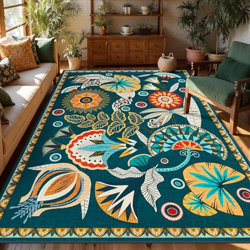 Joydeco Egypt Floral Boho 6x9 Rug for Living Room, Dark Green Washable Bedroom Dining Room Rugs for Under Table, Non Slip Vintage Indoor Throw Carpet for Playroom Nursery Dorm Classroom, Dark Green - color: Dark Green, size: 6' x 8'11" (Rectangular)