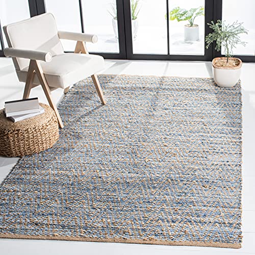 SAFAVIEH Cape Cod Collection Accent Rug - 4' x 6', Natural & Blue, Handmade Flat Weave Coastal Braided Jute, Ideal for High Traffic Areas in Entryway, Living Room, Bedroom (CAP350A)