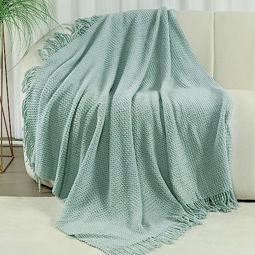 Blagic Knitted Throw Blanket for Couch, Soft Farmhouse Throw Blanket with Tassels,Home Decorative Lightweight Blankets,Spring Throws for Bed/Chair/Sofa,Wheat Textured (Light Blue&White,50" W x 60" L) - color: I-blue & White, size: 50 × 60 in
