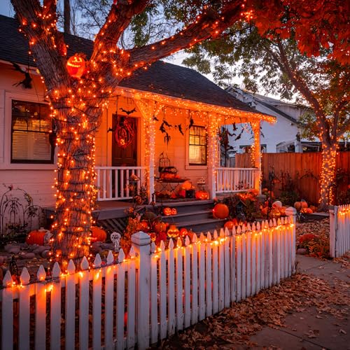 JMEXSUSS 600 LED Orange Solar Halloween Lights, 206.7 ft Solar String Lights Outdoor Waterproof, 8 Modes Orange String Light for Outside Tree Patio Bushes Halloween Decorations - color: Orange, size: 600LED*1