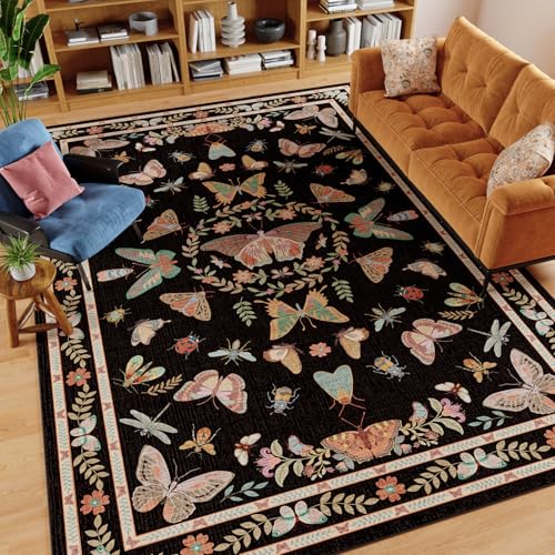 Unirea 5x7 Black Living Room Bedroom Area Rug, Large Washable Non Slip Rug for Dining Room Under Table, Kids Room, Home Office, Thin Soft Boho Stain Resistant Insect Bug Rug, Low Pile Carpet - color: Black, size: 5'x7'