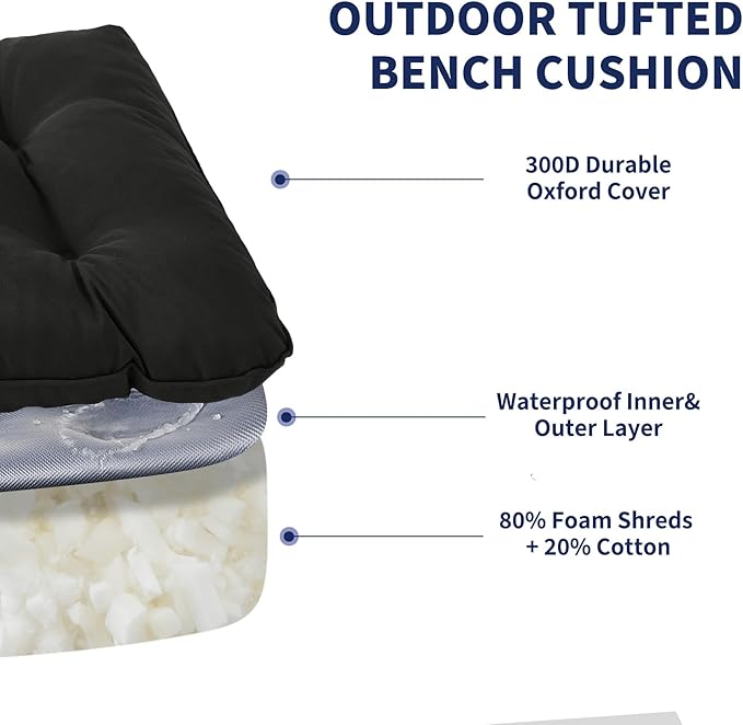 Outdoor Bench Cushion, 59x18x5 Inch, Waterproof Bench Cushion for Outdoor/Indoor Furniture, Tufted Patio Bench Seat Cushion, Fade Resistant Outdoor Cushions for Porch Swing Couch, Black