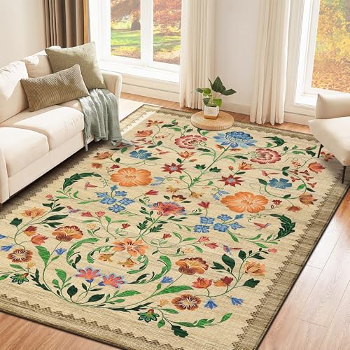 GarveeHome Washable Rug 4x6 Area Rugs for Living Room, Floral Rug for Bedroom, Soft Boho Non Slip Throw Rugs with Rubber Back, Low Pile Stain Resistant Vintage Floral Carpet for Dining Room, Beige - color: C Brown, size: 4' x 6' (Rectangular)