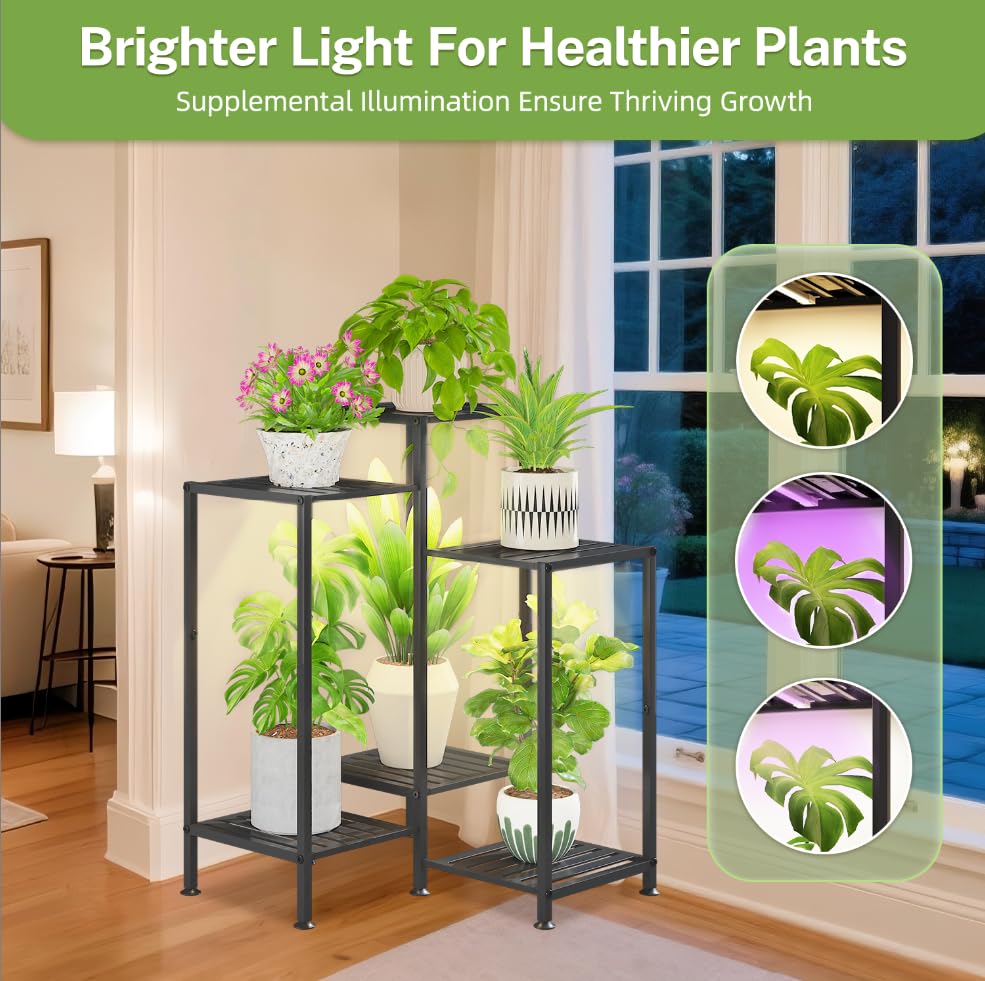iDavosic.ly Indoor Plant Stand with Grow Light, Metal 6 Tier Corner Flower Holder Shelf Outdoor for Large Pots, Tall Rack for Patio Porch Balcony Living Room, Black - color: Black with Light, size: 6 Tiers