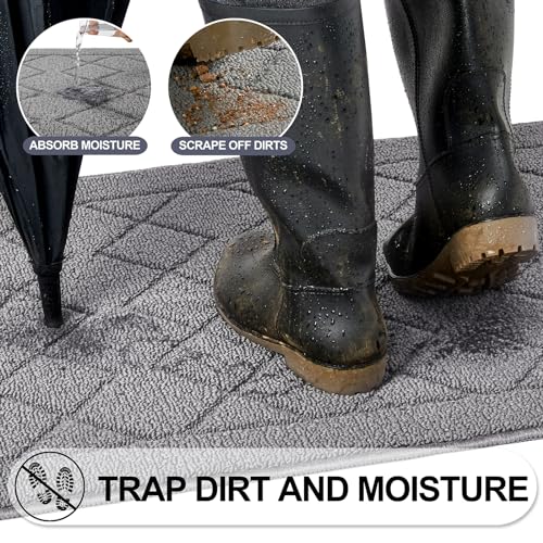 REFETONE Indoor Doormat, Front Back Door Mat 20"x32" Rubber Backing Non Slip Mats, Absorbent Washable Entrance Doormat for Entryway, Resist Dirt Low-Profile Inside Floor Mat for Muddy Shoes Light Grey - color: Big Plaid Light Grey, size: 1'8" x 2'8" (Rect