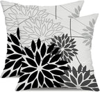 Black Grey Floral Pillow Covers 20x20 Set of 2 Outdoor Waterproof White Colored Decorative Throw Pillows Summer Pillowcase Polyester Cushion Case Decor for Couch Patio Funiture Garden Porch 01L20