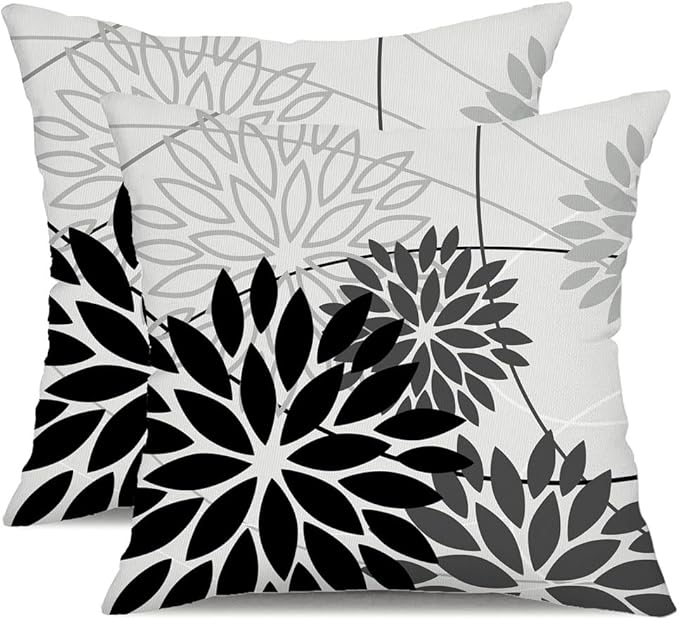 Black Grey Floral Pillow Covers 20x20 Set of 2 Outdoor Waterproof White Colored Decorative Throw Pillows Summer Pillowcase Polyester Cushion Case Decor for Couch Patio Funiture Garden Porch 01L20