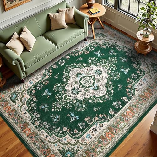HOMORE 4x6 Washable Rug Green Rugs for Bedroom, Non Slip Rug for Living Room, Faux Wool Throw Carpet for Kitchen, Vintage Rugs for Entryway for Dinning Room Office - color: Deep Green, size: 4' x 6' (Rectangular)