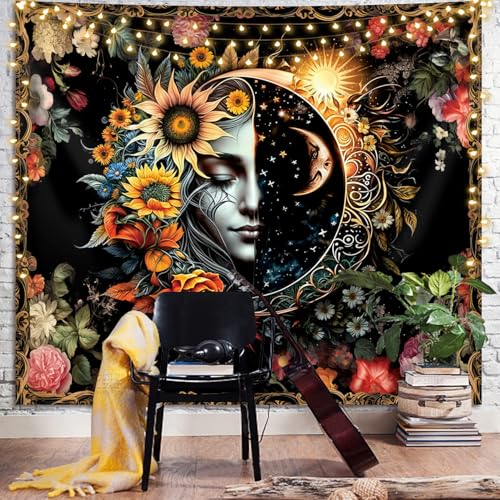 Sun and Moon Tapestry,Psychedelic Mystic Floral Tapestry Wall Hanging Modern Aesthetic Tapestry Hippie Boho Wall Art for Home Decor Bedroom Living Room Wall Decor Gift 59x51in - color: S06-Modern Aesthetic Sun and Moon