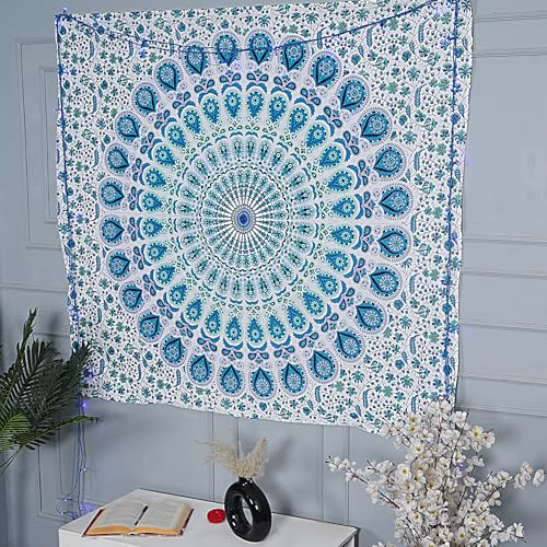 FURNISHFUL FINESSE Handmade Cotton Peacock Mandala Tapestry - Serene Sky Blue & White Ombre Boho Wall Decor, Bohemian Hippie Room Hanging for Bedroom & Dorm Aesthetic - 30x40 Inches - color: Sky Blue, size: 40"L x 30"W