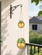 Gold Metal Hanging Planters for Indoor Plants - Round Wall Hanging Baskets with Hook & Chain & Drainage Hole Farmhouse Rustic Garden Rustproof Vintage Flower Pot for Wall Ceiling Plant Hanger Outdoor