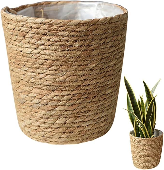 Vintage Decor Seagrass Planter Hand Woven Straw Flower Pot Farmhouse Plant Basket with Plastic Liners Rustic Plant Containers Succulent Pot for Indoor Outdoor Room Decor Home Decor