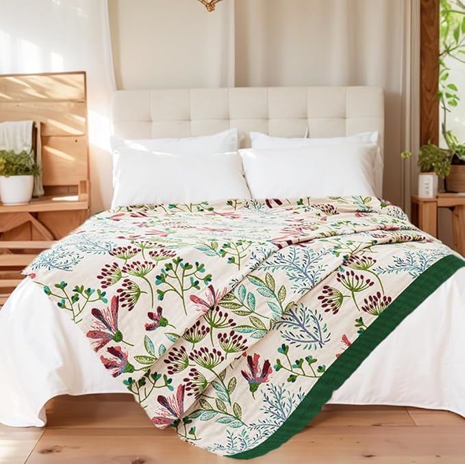 Boho Throw Blanket, 100% Organic Cotton Breathable Ultra Soft 50" x 60" Bed Quilt Throw - All Season Floral Rustic Farmhouse Decor Luxury Reversible Blanket for Sofa Couch Chair and Gift