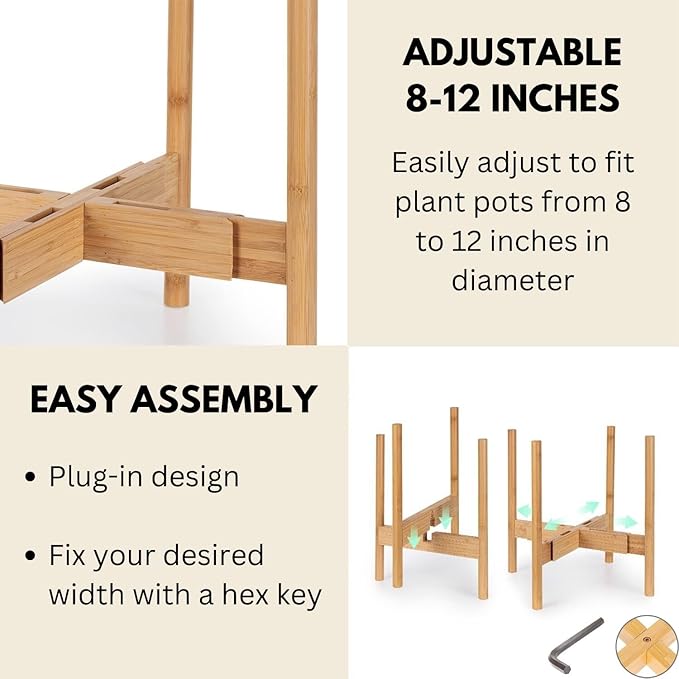 Fox & Fern Adjustable Tall Plant Stand Indoor — 8 to 12 Inch Mid Century Bamboo Plant Stand with Adjustable Width - Plug In Design - Easy to Assemble - Two Heights - For 8, 9, 10, 11 & 12 In Pots