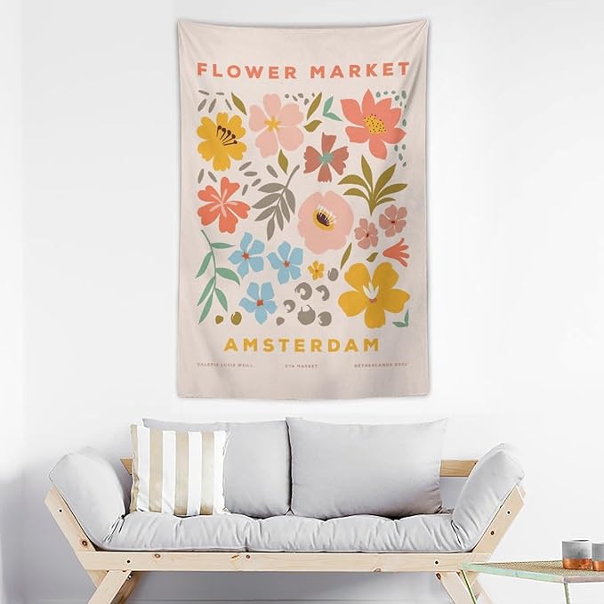 Chordity Danish Pastel Botanical Flower Market Aesthetic Floral Plants Tapestries Wall Hanging Tapestry Decorative Flag For Home Decor Living Room College Dorm Bedroom Banner Poster 40 * 60 Inch