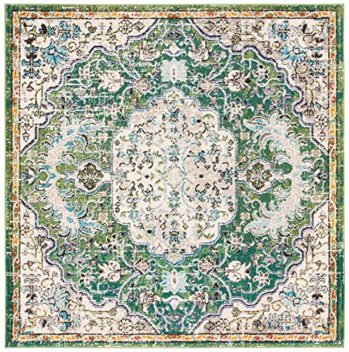 SAFAVIEH Madison Collection Area Rug - 5' Square, Green & Turquoise, Boho Chic Medallion Distressed Design, Non-Shedding & Easy Care, Ideal for High Traffic Areas in Living Room, Bedroom (MAD447Y) - color: Green/Turquoise, size: 5' x 5' (Square)