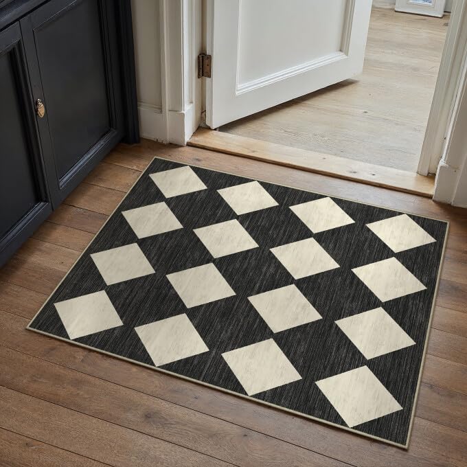 PureCozy Machine Washable 2x3 Area Rugs for Entryway Modern Soft Black and White Checkered Indoor Door Mats Non-Slip Stain Resistant Low Pile Accent Small Rug for Bedroom Kitchen Laundry Entrance - color: Checkered Black, size: 2' x 3' (Rectangular)