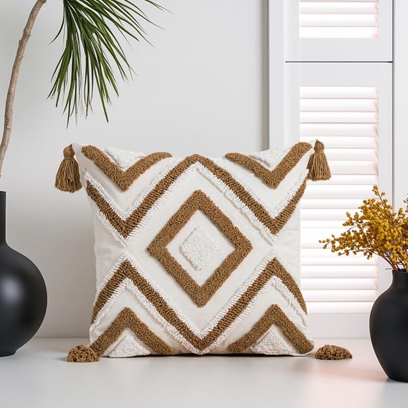 Andreannie Pack of 2 Boho Tufting Throw Pillow Cover Embroidered Textured Cushion Cover with Tassels Soft Home Decororative for Couch Sofa 18x18 inch (Brown) - color: Brown