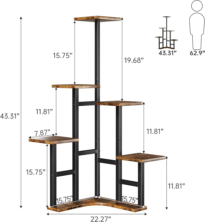 Corner Plant Stand Indoor, 6 Tiered Corner Plant Shelf Flower Stand for Multiple Plants, Plant Shelves Organizer Rack for Living Room, Balcony, Patio, Garden, Square Rustic Brown