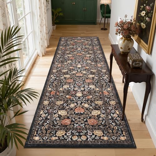 GarveeHome Brown Vintage Floral 2x6 Runner Rug Washable Kitchen Rugs Non Slip Black Boho Long Rug for Hallways Bedroom Entryway Bathroom Mat with Rubber Back - color: A Brown / Black, size: 2' x 6' (Runner)