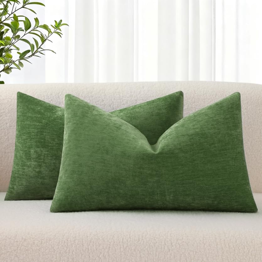 decorUhome Chenille Moss Green Throw Pillow Covers 12x20 Inch Set of 2, Decorative Soft Couch Pillow Covers Solid Dyed Accent Farmhouse Neutral Rectangle Pillow Cases for Sofa - color: Moss Green, size: 20" x 12" (Pack of 2)