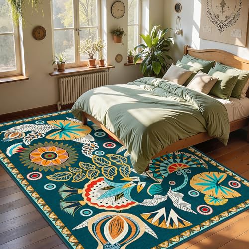 Joydeco Egypt Floral Boho Large Area Rugs for Living Room Nursery, Washable Dark Green Bedroom Rug 8x10 Under Bed, Vintage Non Slip Indoor Throw Carpet for Playroom Dining Room Dorm - color: Dark Green, size: 8' x 10' (Rectangular)