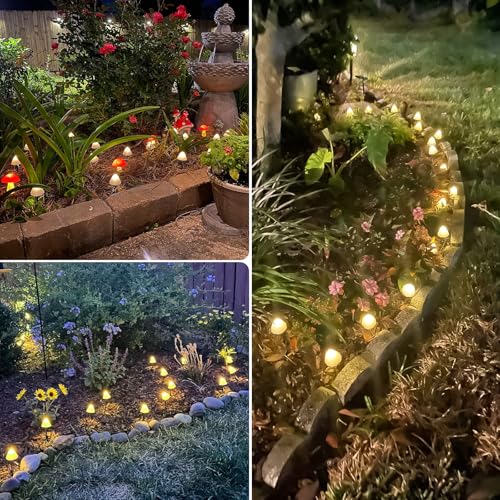 OZS 2PK 32LED 55FT Mushroom Solar Garden Lights Outdoor, Solar String Lights Waterproof with 8 Lighting Modes, Solar Garden Decor for Outside, Pathway Light for Yard Decoration (Warm White) - color: Mushroom-Warm White