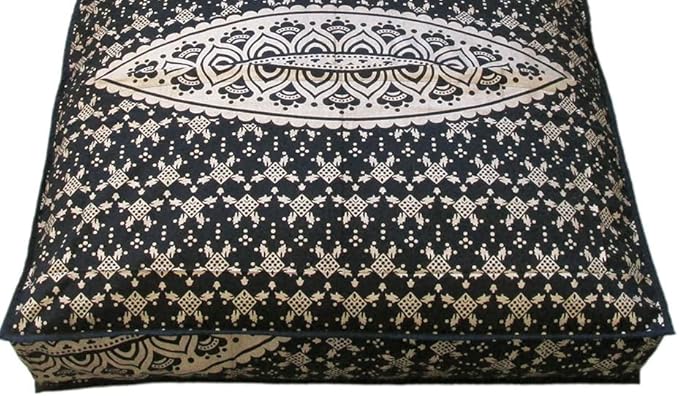 ICC Large Square Floor Pillow Cover Hippie Ottoman Pouf Cover Daybed Cotton Mandala Cushion Cover with Heavy Duty Zipper Seating Ottoman Poufs Dog-Pets Bed (Black Gold Ombre, 35" Square)