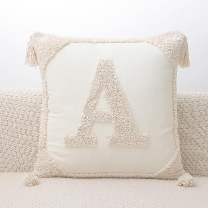 Monogram Pillow Covers with Tassels 18”x18” Modern Cotton Canvas Tufted Alphabet A Throw Pillow Covers for Sofa Couch Bed 26 English Letters Decorative Pillow Case for Sofa Throw Pillows