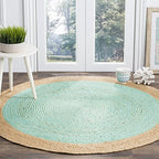 SAFAVIEH Area Rug 5' Round - Natural Fiber Collection - Aqua Blue & Natural Brown, Handmade Jute, Braided Border Design (NF801A) - color: Aqua/Natural, size: 5' (Round)