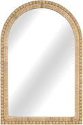 Arched Rattan Wall Mirror – 24x36 Inch Boho Elegance with Woven Frame and Wooden Bead Trim, Decorative Mirror for Bathroom Vanity Entryway Living Room