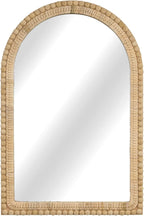 Arched Rattan Wall Mirror – 24x36 Inch Boho Elegance with Woven Frame and Wooden Bead Trim, Decorative Mirror for Bathroom Vanity Entryway Living Room