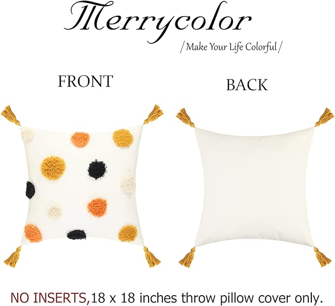 Merrycolor Boho Throw Pillow Covers 18x18 Yellow Orange Pom Pom Tufted Decorative Pillow Covers with Tassels Woven Bohemian Pillow Case Modern Accent Square Cushion Cover for Couch Sofa Bedroom