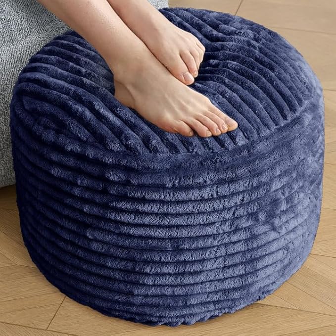 SHOUREN Stuffed Round Pouf Ottoman,Lightweight and Fluffy Poufs Storage Ottoman for Living Room,Corduroy Foot Rest with Shredded Foam Filling,Soft Floor Pouf for Couch,18"x 14", Navy
