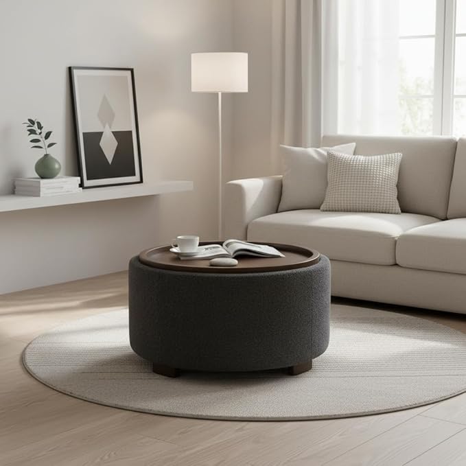 30 Inch Round Storage Ottoman Coffee Table, Modern Boucle Ottoman with Lift-Off Lid and Solid Wood Legs for Living Room, Bedroom, Corners, Apartments (Grey)