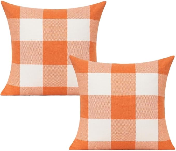 VAKADO Fall Outdoor Orange Decor Throw Pillow Covers 26x26 Set of 2 Decorative Thanksgiving Buffalo Checker Plaids Rustic Autumn Farmhouse Home Decoration for Living Room Bed Couch, Orange White