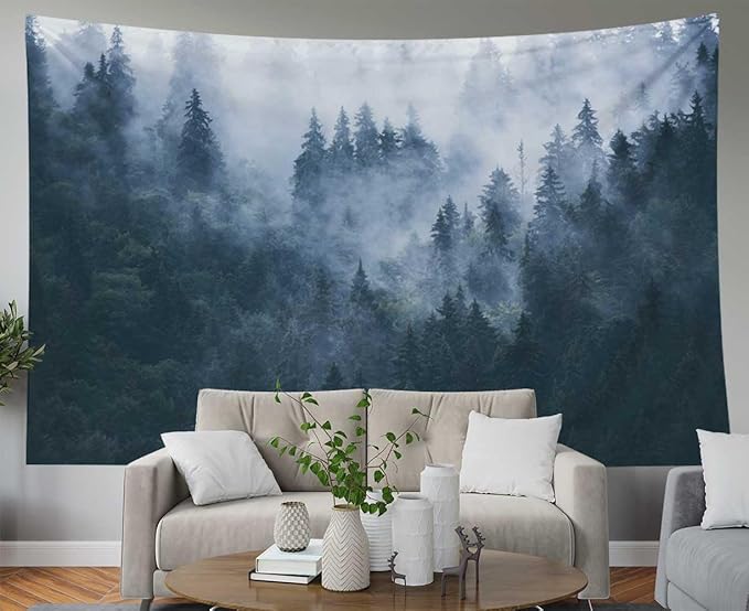 EMMTEEY Forest Tapestry Wall Hanging Wall Art Tapestry Misty Foggy Mountain Landscape with Fir Small Tapestry 60X40 Tapestry for Bedroom Living Room