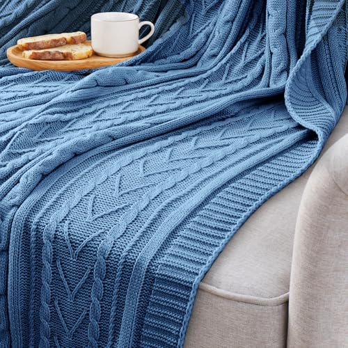 Aormenzy Dusty Blue Cable Knit Throw Blanket Queen Size for Bed Couch Sofa, Super Soft Cozy Knitted Blanket 90" x 90" Bed Blankets Full Size - color: Dusty Blue, size: 90" x 90", Queen