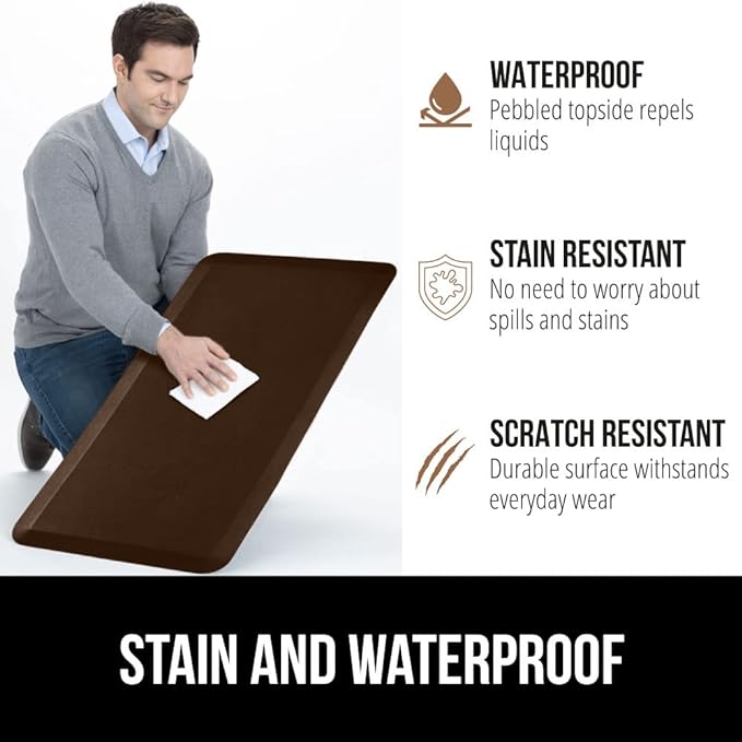 GORILLA GRIP Comfortable Cushioned Kitchen Mats for Floor, Waterproof and Stain Resistant Soft Top, 3/4 Inch Thick Ergonomic Standing Desk Anti Fatigue Mat, Foam Supports Ankles and Feet, 17x24, Brown