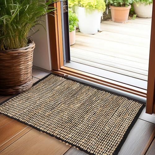 Chardin home 2x3 Jute Cotton Hand Woven Rug | Braided Doormat, Boho, Rustic, Natural Jute/Black | Farmhouse Vintage Area Rugs for Bedroom, Living Room, Kitchen, and entryways - color: Natural Jute-black, size: 2' x 3' (Rectangular)