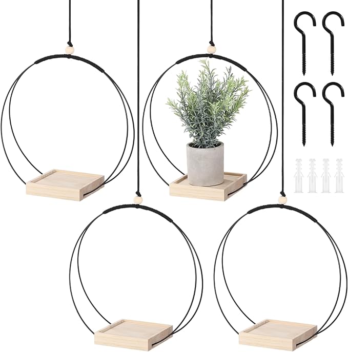 4 PCS Hanging Planters with Wood Base for Indoor Plants, Modern Boho Macrame Plant Hanger for Indoor Outdoor Window Wall Ceiling Home Decoration, with Hooks