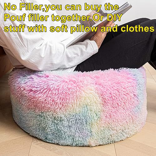 Asuprui Pouf Ottoman Unstuffed Round Bean Bag Poof Ottoman Seat Soft Faux Fur Footrest Stool 20x20x12 Inches Fuzzy Chair Floor Chair Foot Rest with Storage for Living Room Bedroom Rainbow Pouf Cover - color: Rainbow