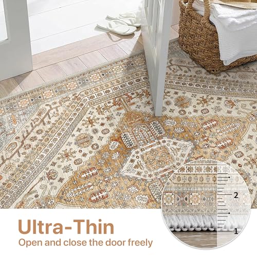 Bavni Kitchen Rug 2x5 Runner Rugs for Hallways Entryway, Washable Vintage Print Carpet, Ultra-Thin Chenille Low Pile Lightweight Rug with Non Slip Backing, Tan/Grey - color: Tan/Grey, size: 2' x 5' (Rectangular)